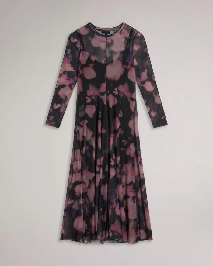 Long Sleeve Mesh Midi Dress Black Women Ted Baker Clothing