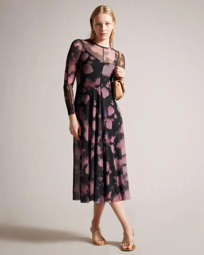 Long Sleeve Mesh Midi Dress Black Women Ted Baker Clothing Long Sleeve Mesh Midi Dress Black Women Ted Baker Clothing