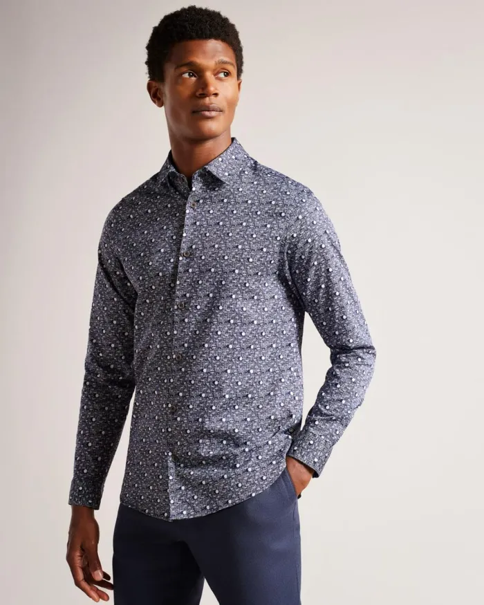 Long Sleeve Spot Print Shirt Navy Men Ted Baker Clothing Long Sleeve Spot Print Shirt Navy Men Ted Baker Clothing