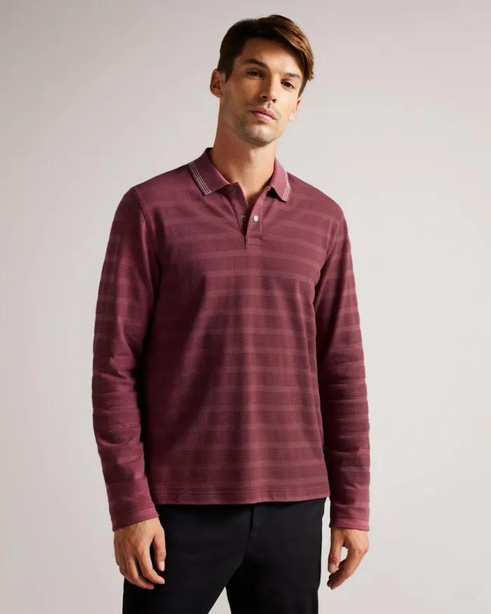Long Sleeve Textured Stripe Polo Shirt Maroon Men Ted Baker Clothing Long Sleeve Textured Stripe Polo Shirt Maroon Men Ted Baker Clothing