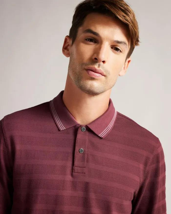 Long Sleeve Textured Stripe Polo Shirt Maroon Men Ted Baker Clothing Long Sleeve Textured Stripe Polo Shirt Maroon Men Ted Baker Clothing