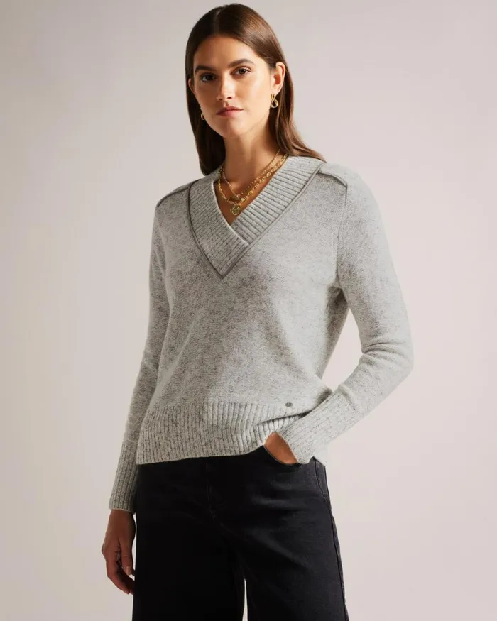 Long Sleeve V Neck Jumper Gray Marl Women Ted Baker Clothing Long Sleeve V Neck Jumper Gray Marl Women Ted Baker Clothing