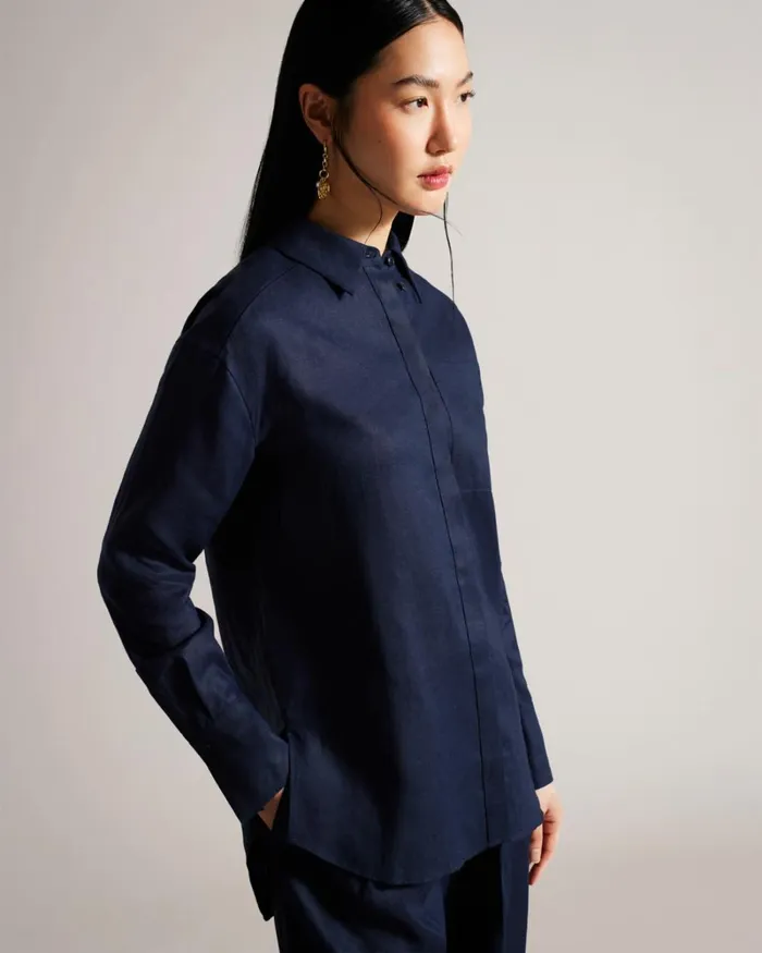 Longline Linen Shirt Navy Women Ted Baker Clothing