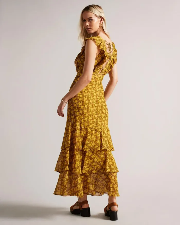 Low V Neck Ruffle Printed Maxi Dress Medium Yellow Women Ted Baker Dresses Low V Neck Ruffle Printed Maxi Dress Medium Yellow Women Ted Baker Dresses