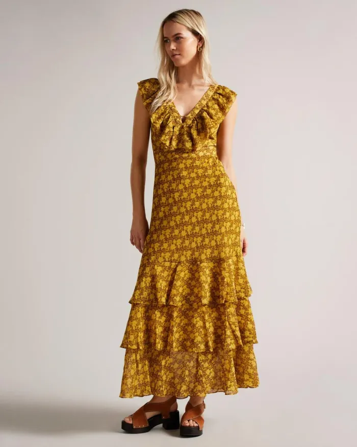 Low V Neck Ruffle Printed Maxi Dress Medium Yellow Women Ted Baker Dresses