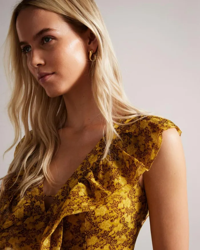 Low V Neck Ruffle Printed Maxi Dress Medium Yellow Women Ted Baker Dresses