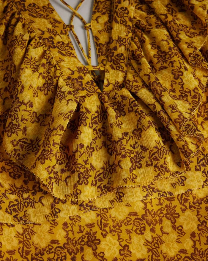 Low V Neck Ruffle Printed Maxi Dress Medium Yellow Women Ted Baker Dresses