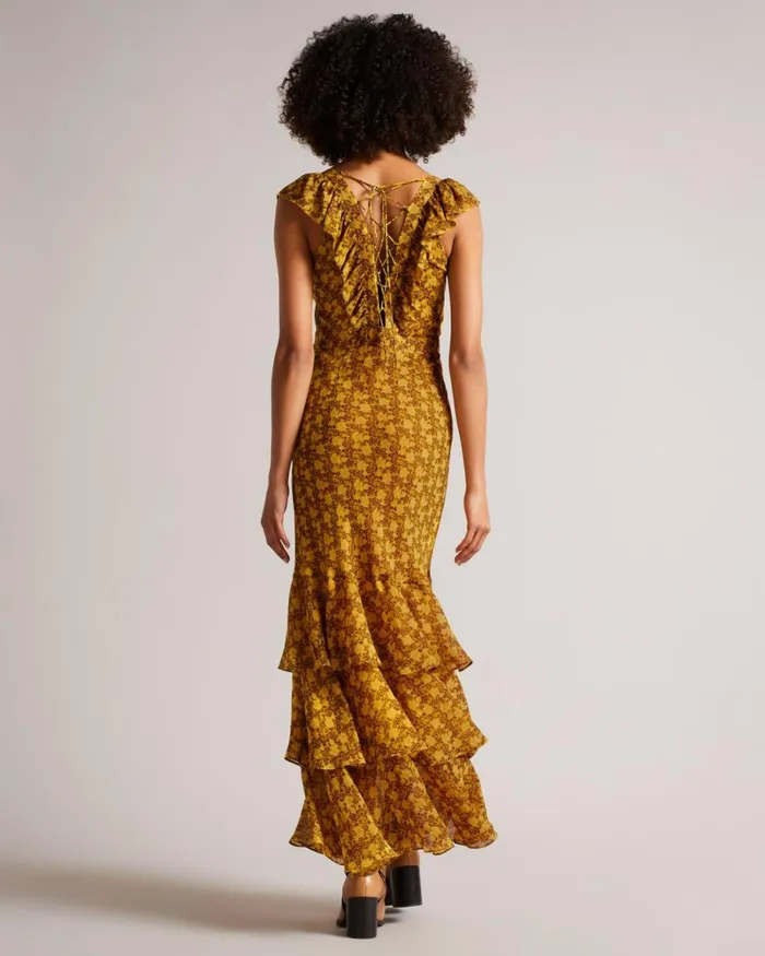 Low V Neck Ruffle Printed Maxi Dress Medium Yellow Women Ted Baker Dresses