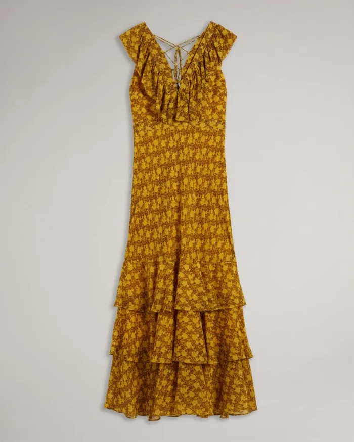 Low V Neck Ruffle Printed Maxi Dress Medium Yellow Women Ted Baker Dresses