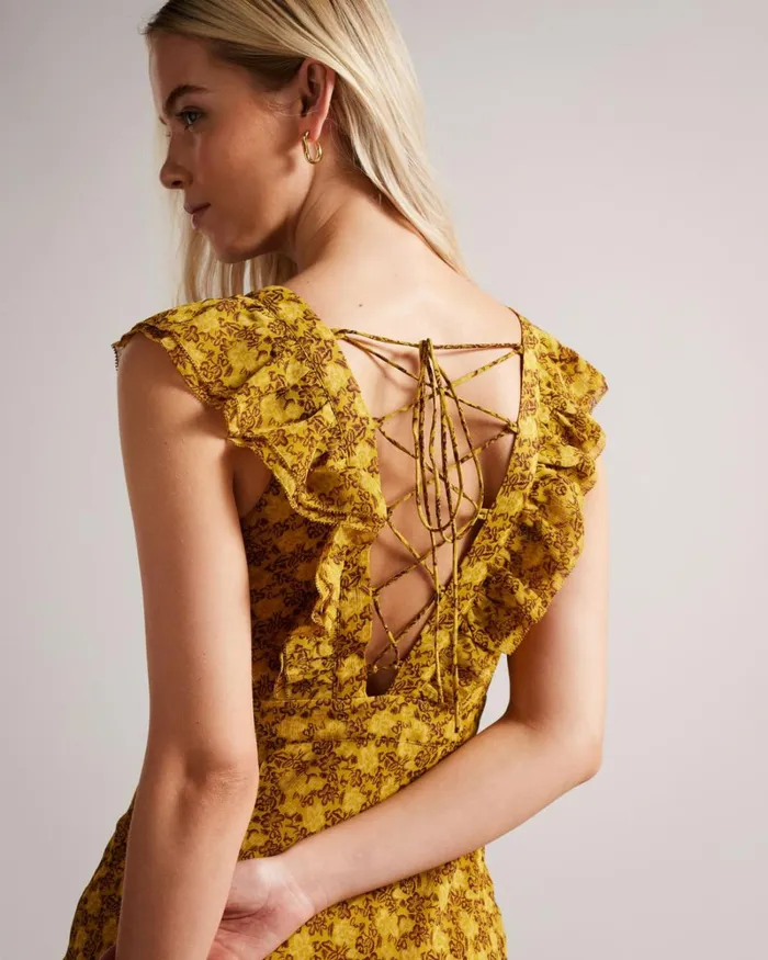 Low V Neck Ruffle Printed Maxi Dress Medium Yellow Women Ted Baker Dresses