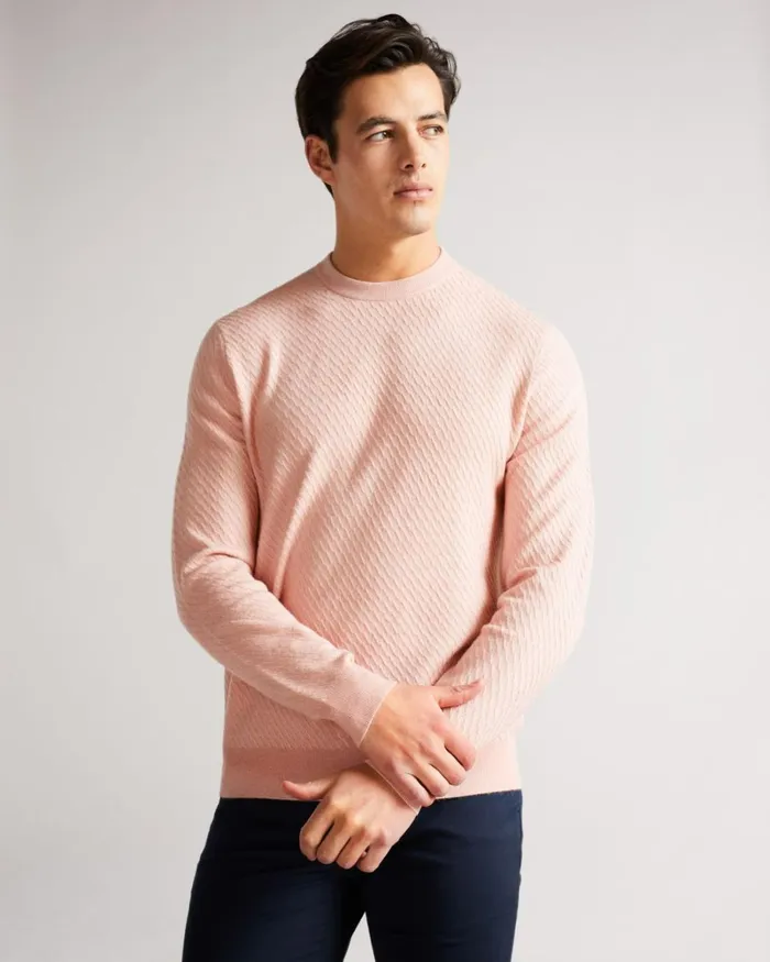 LS Textured Crew Neck Jumper Pink Men Ted Baker Sweaters LS Textured Crew Neck Jumper Pink Men Ted Baker Sweaters