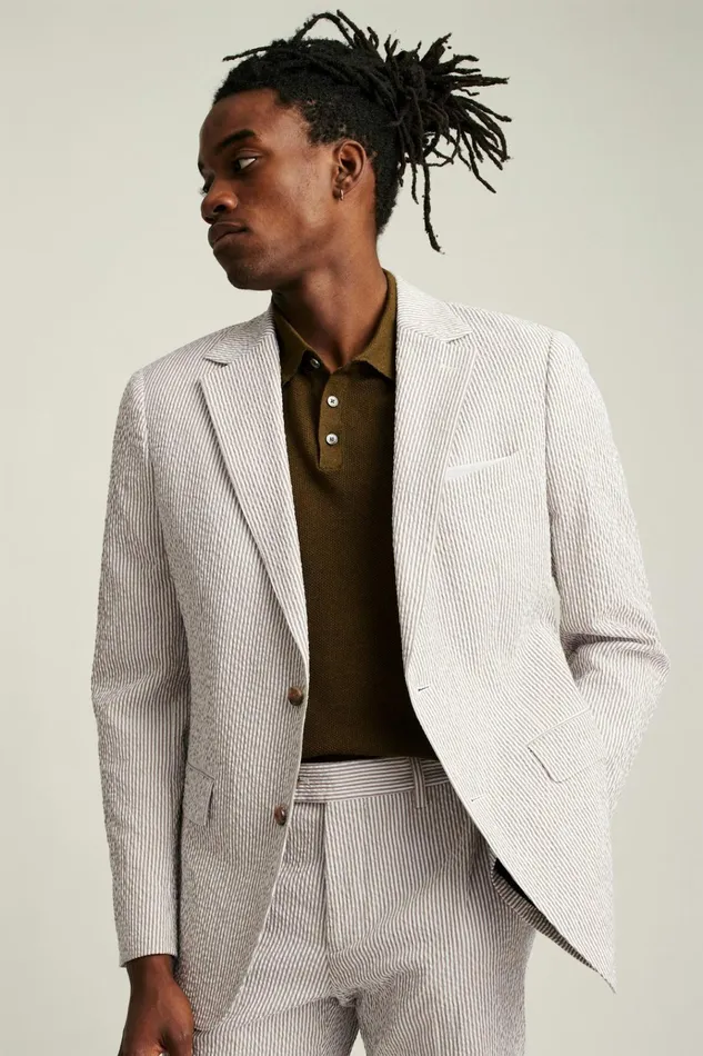 Men Blazers and Sport Coats Bonobos Jetsetter Italian Seersucker Blazer Khaki And White Stripe