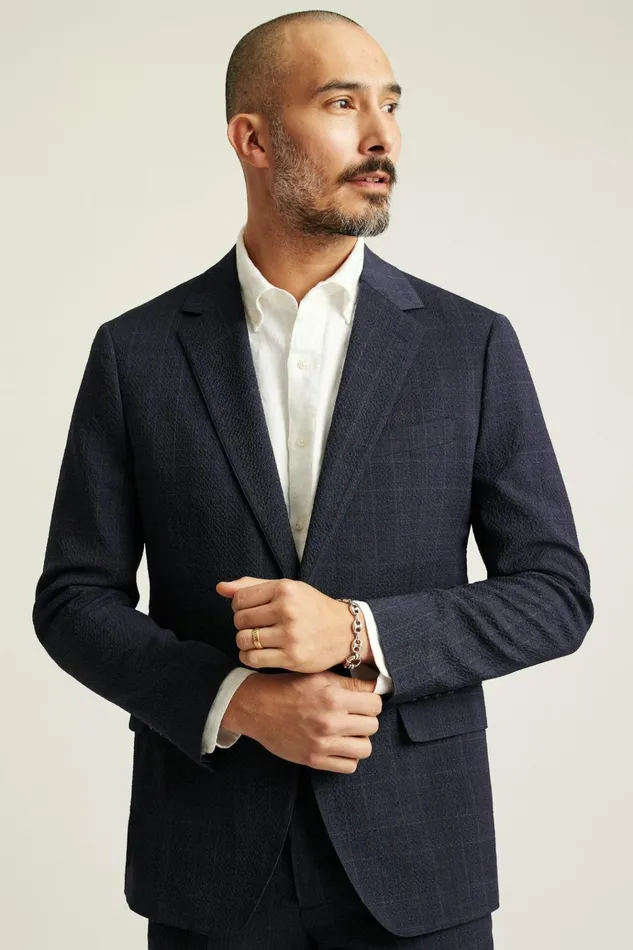 Men Blazers and Sport Coats Bonobos Jetsetter Italian Seersucker Blazer Navy Purple Glen Plaid