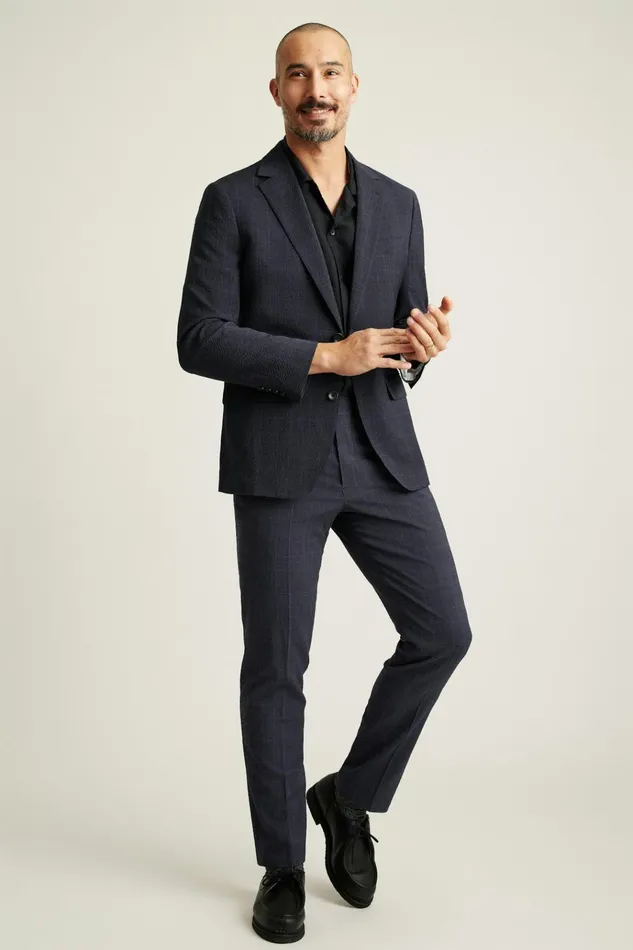 Men Blazers and Sport Coats Bonobos Jetsetter Italian Seersucker Blazer Navy Purple Glen Plaid
