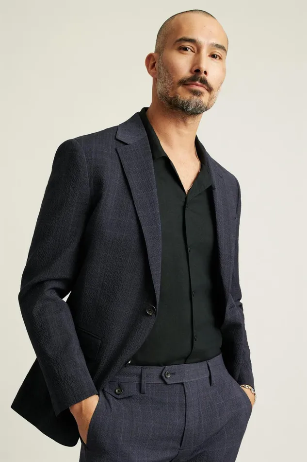 Men Blazers and Sport Coats Bonobos Jetsetter Italian Seersucker Blazer Navy Purple Glen Plaid