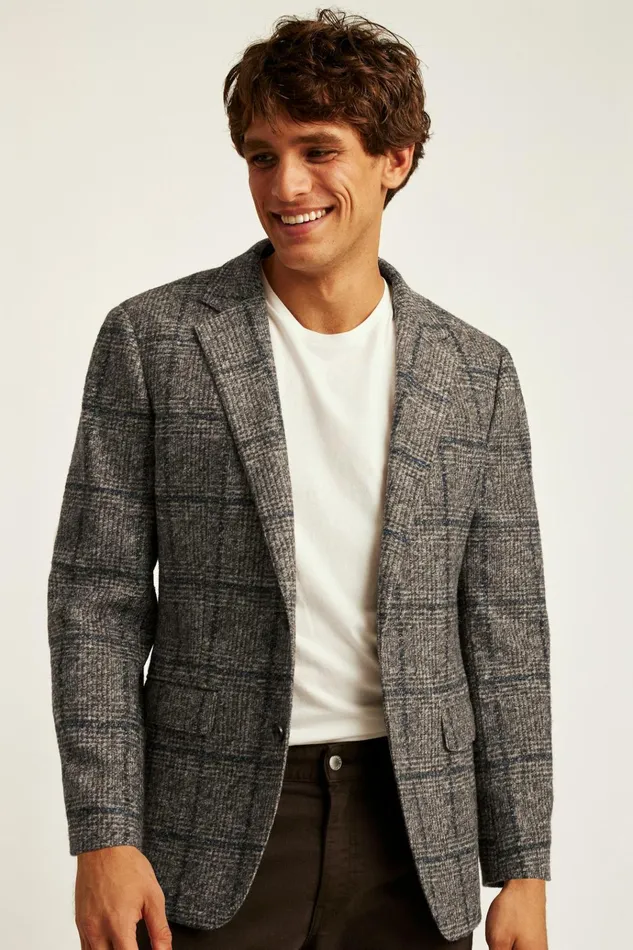Men Blazers and Sport Coats Bonobos Jetsetter Knit Blazer Navy Brown Glen Plaid