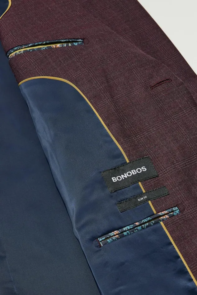 Men Blazers and Sport Coats Bonobos Jetsetter Wool Blazer Burgundy Check