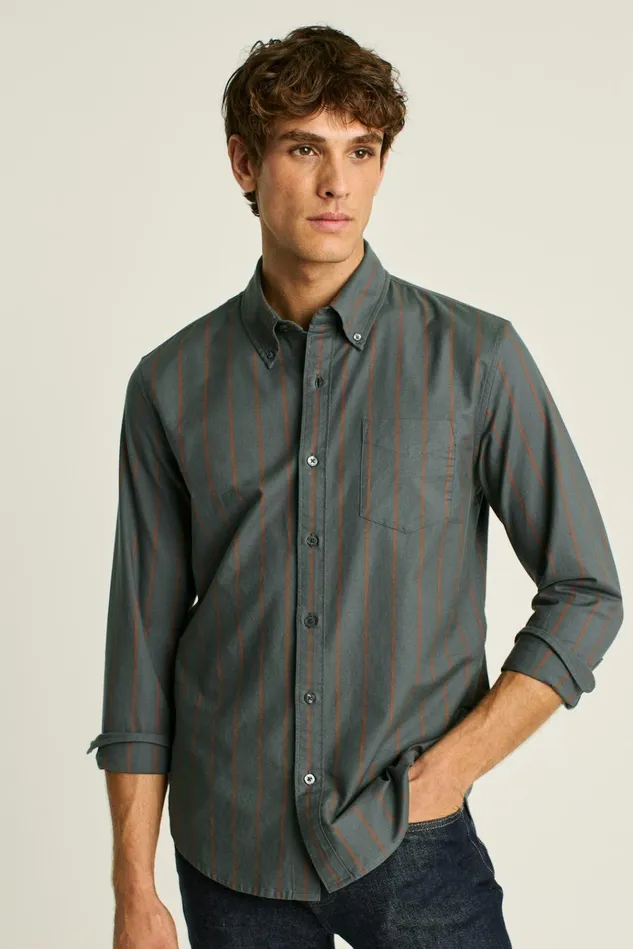 Men Business Casual Shirts Bonobos Everyday Oxford Shirt Green Rust Stripe