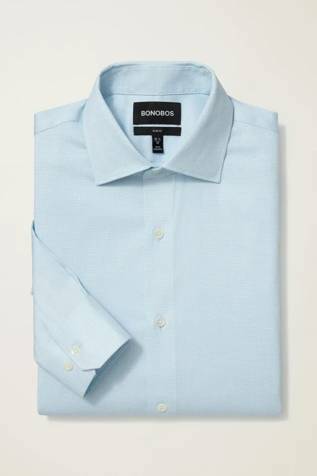 Men Business Casual Shirts Bonobos Jetsetter Stretch Dress Shirt Azure Blue Micro Houndstooth