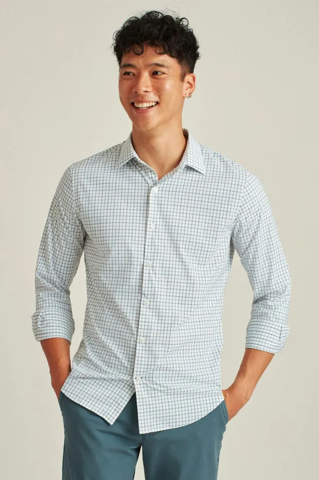 Men Business Casual Shirts Bonobos Tech Button Down Shirt Green Navy Tattersall