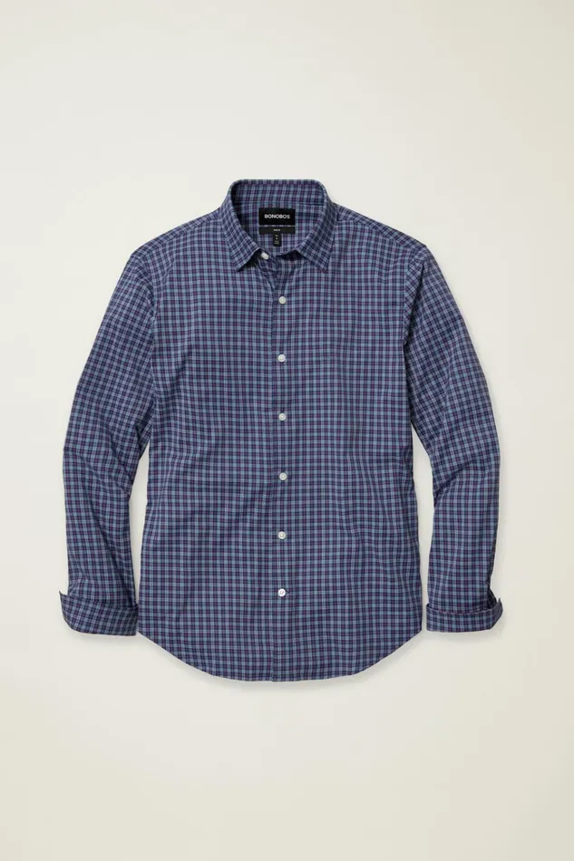 Men Business Casual Shirts Bonobos Tech Button Down Shirt Navy Greenland Plaid