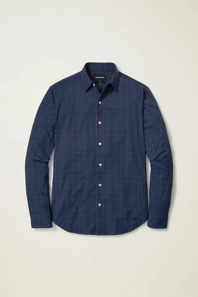 Men Business Casual Shirts Bonobos Tech Button Down Shirt Navy Raspberry Plaid