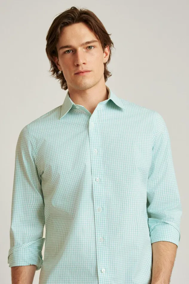 Men Business Casual Shirts Bonobos The Desk To Dinner Shirt Aqua Mini Windowpane