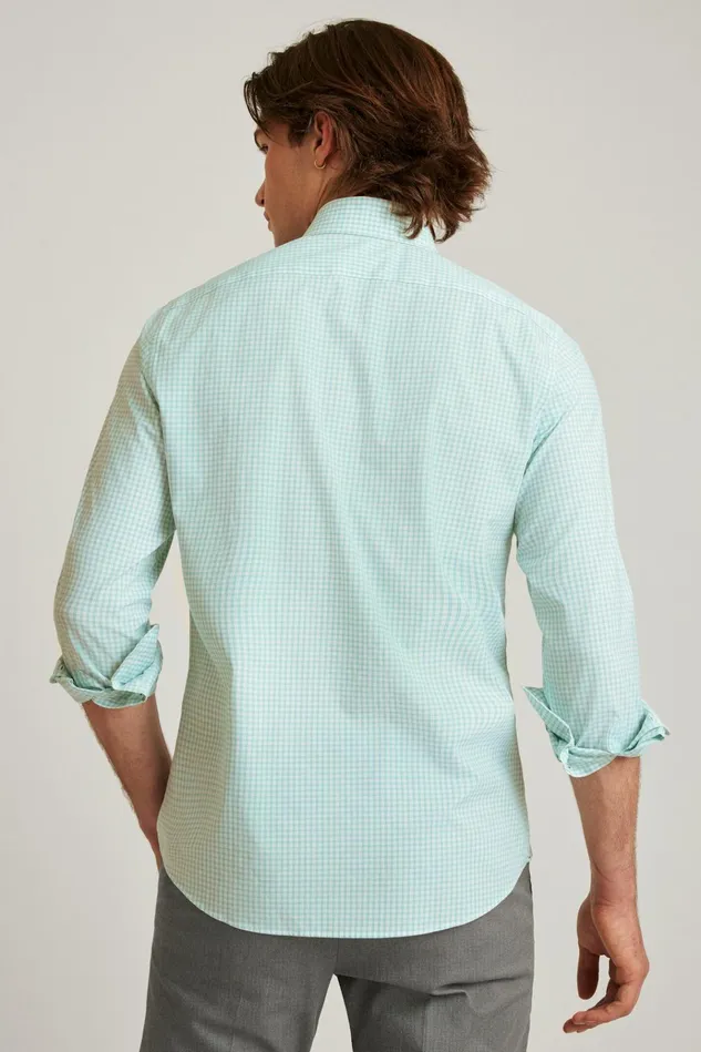 Men Business Casual Shirts Bonobos The Desk To Dinner Shirt Aqua Mini Windowpane