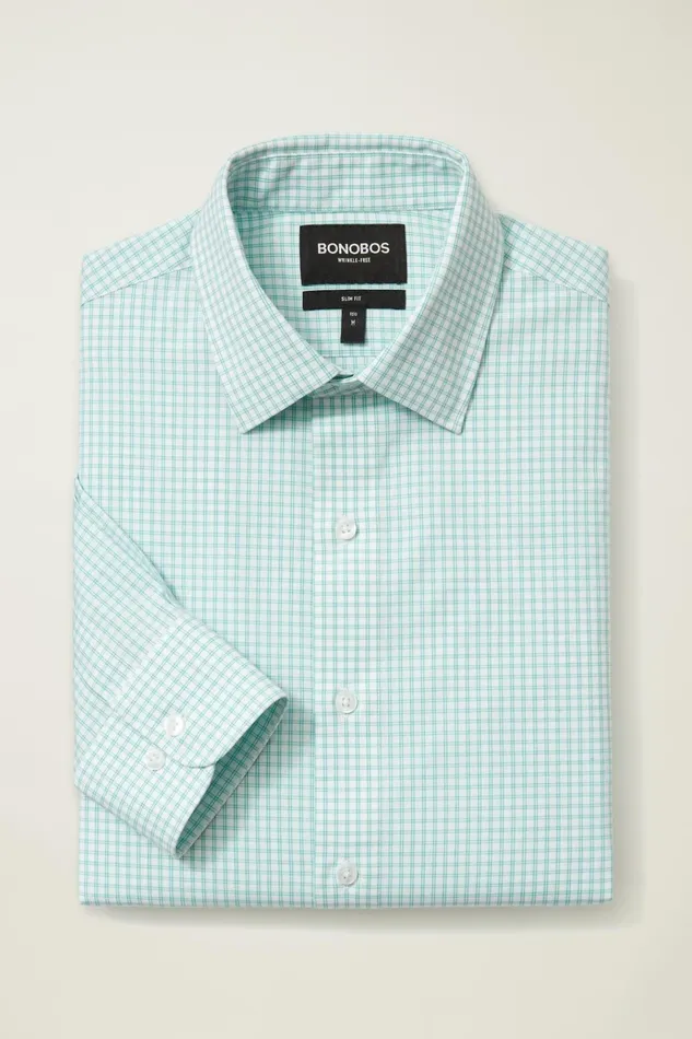 Men Business Casual Shirts Bonobos The Desk To Dinner Shirt Aqua Mini Windowpane