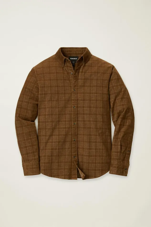 Men Casual Shirts Bonobos Everyday Corduroy Shirt Brown Plaid