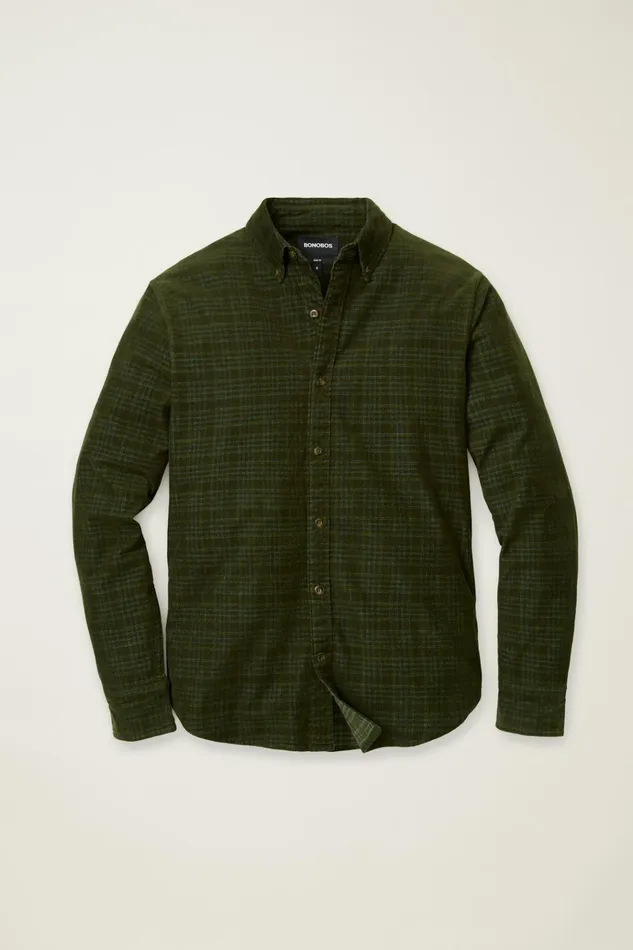 Men Casual Shirts Bonobos Everyday Corduroy Shirt Green Charcoal Plaid