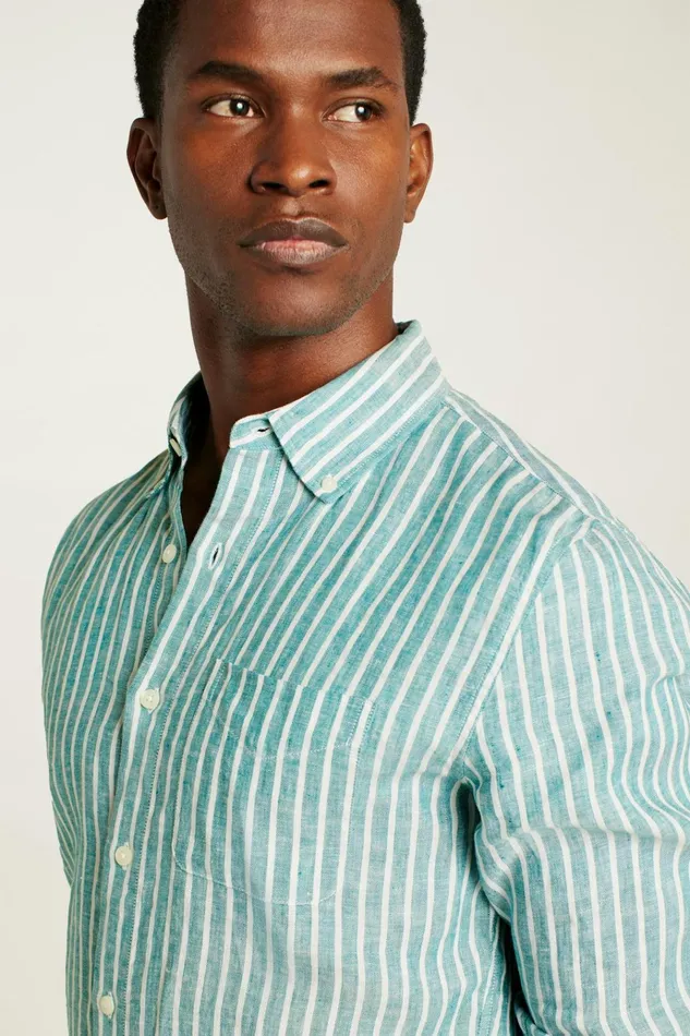Men Casual Shirts Bonobos Everyday Linen Shirt Bayou Green Stripe