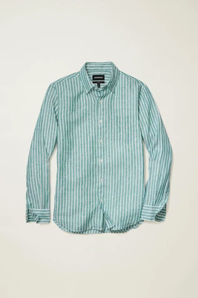 Men Casual Shirts Bonobos Everyday Linen Shirt Bayou Green Stripe