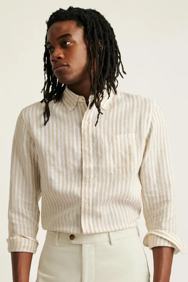 Men Casual Shirts Bonobos Everyday Linen Shirt Khaki Stripe