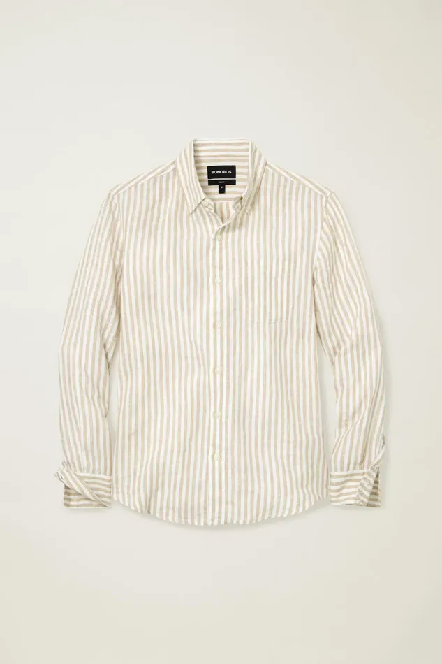 Men Casual Shirts Bonobos Everyday Linen Shirt Khaki Stripe