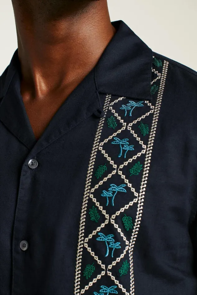 Men Casual Shirts Bonobos Limited Edition Riviera Cabana Shirt Black Palm Embroidery