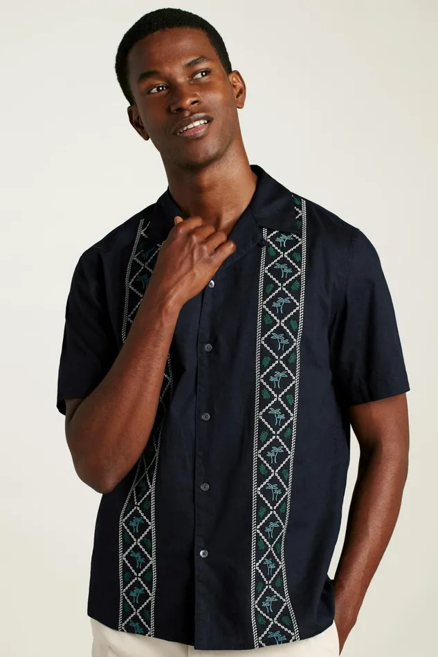 Men Casual Shirts Bonobos Limited Edition Riviera Cabana Shirt Black Palm Embroidery