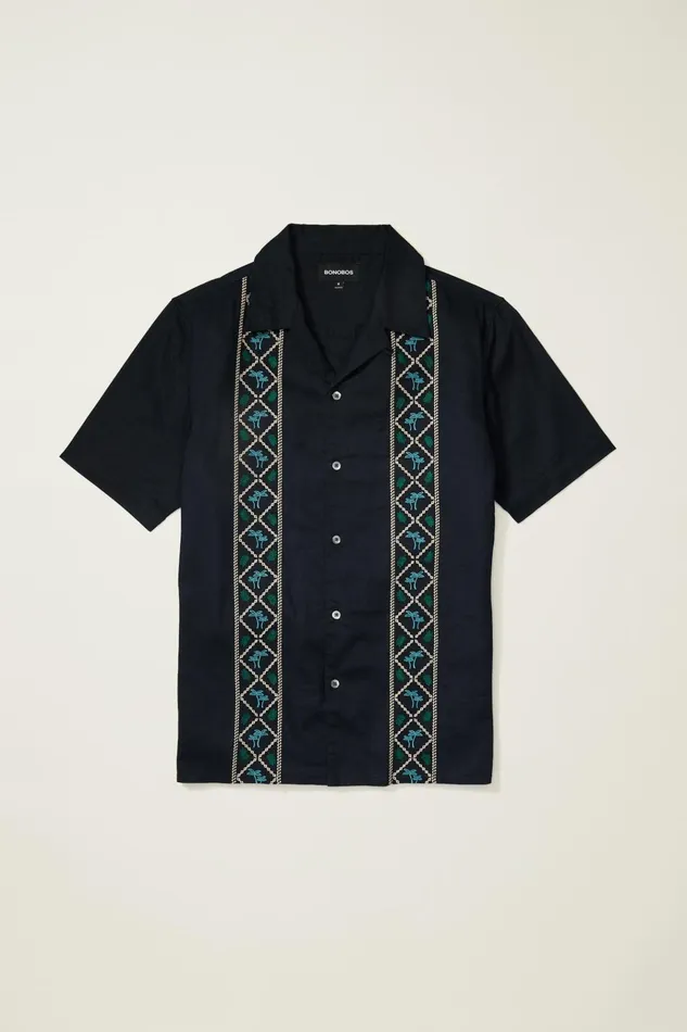 Men Casual Shirts Bonobos Limited Edition Riviera Cabana Shirt Black Palm Embroidery
