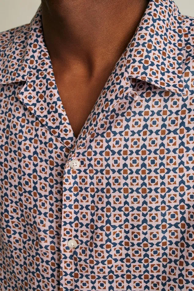 Men Casual Shirts Bonobos Linen Riviera Cabana Shirt Navy Pink Prism Geo