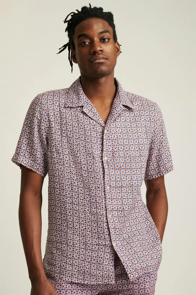 Men Casual Shirts Bonobos Linen Riviera Cabana Shirt Navy Pink Prism Geo