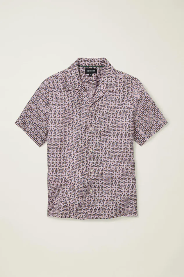 Men Casual Shirts Bonobos Linen Riviera Cabana Shirt Navy Pink Prism Geo