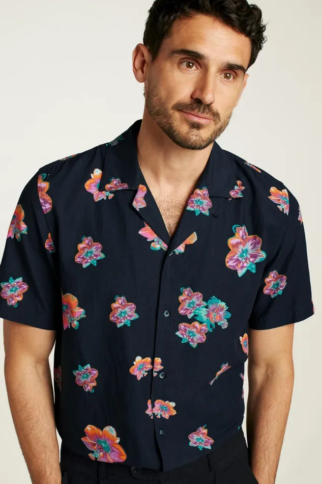 Men Casual Shirts Bonobos Riviera Cabana Shirt Navy Macro Floral