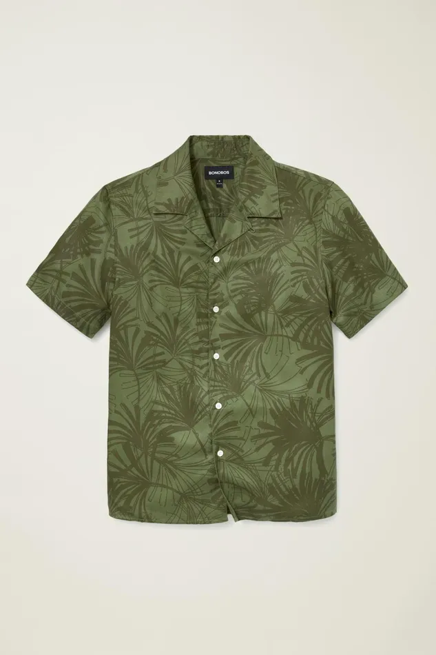 Men Casual Shirts Bonobos Riviera Cabana Shirt Olive Palm Fronds