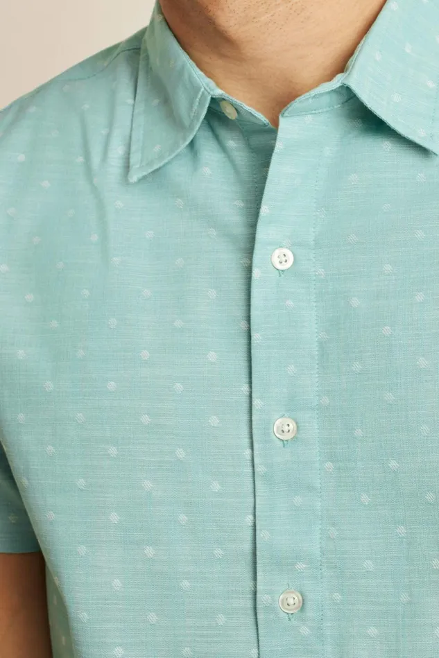 Men Casual Shirts Bonobos Riviera Short Sleeve Shirt Aqua Chambray Dobby Dot