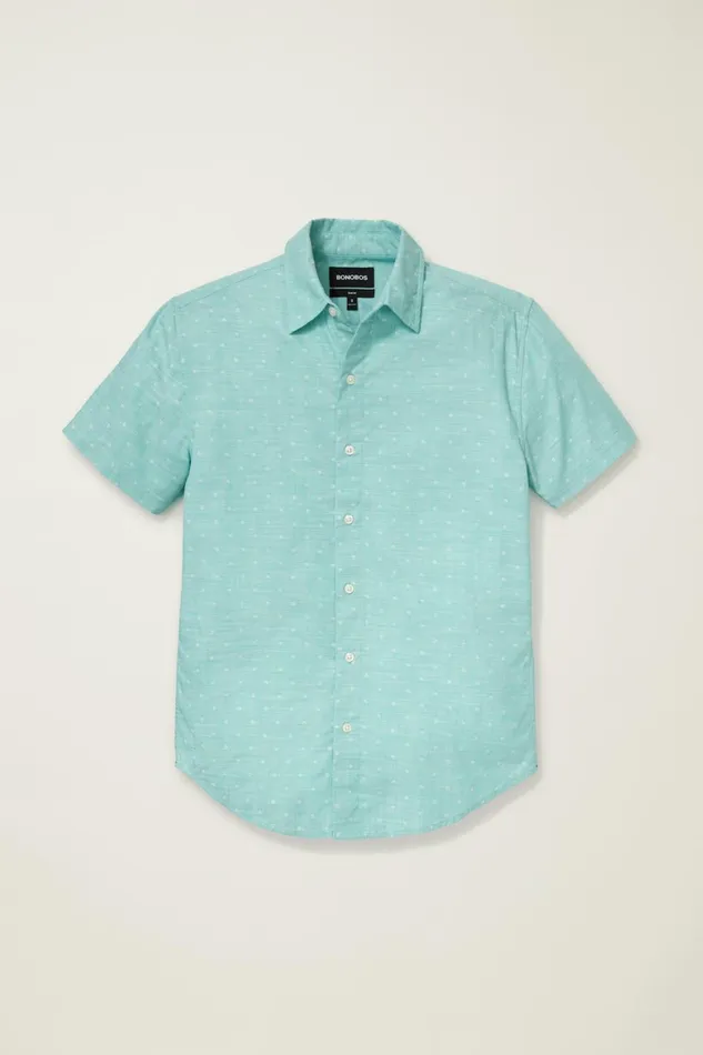 Men Casual Shirts Bonobos Riviera Short Sleeve Shirt Aqua Chambray Dobby Dot