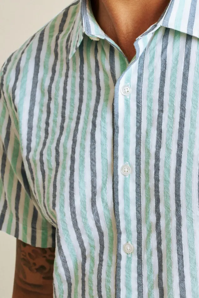 Men Casual Shirts Bonobos Riviera Short Sleeve Shirt Aqua Stripe Seersucker