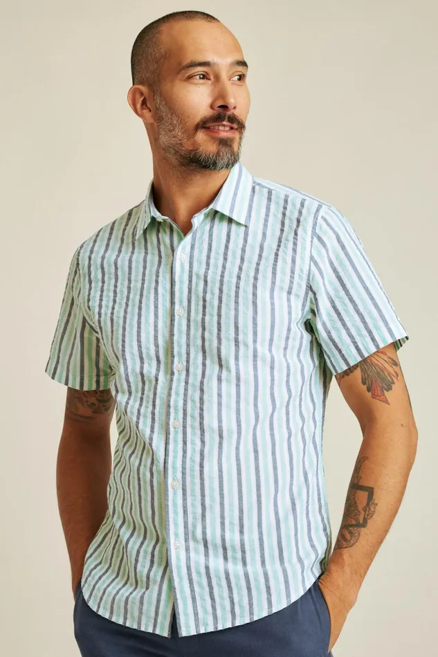 Men Casual Shirts Bonobos Riviera Short Sleeve Shirt Aqua Stripe Seersucker