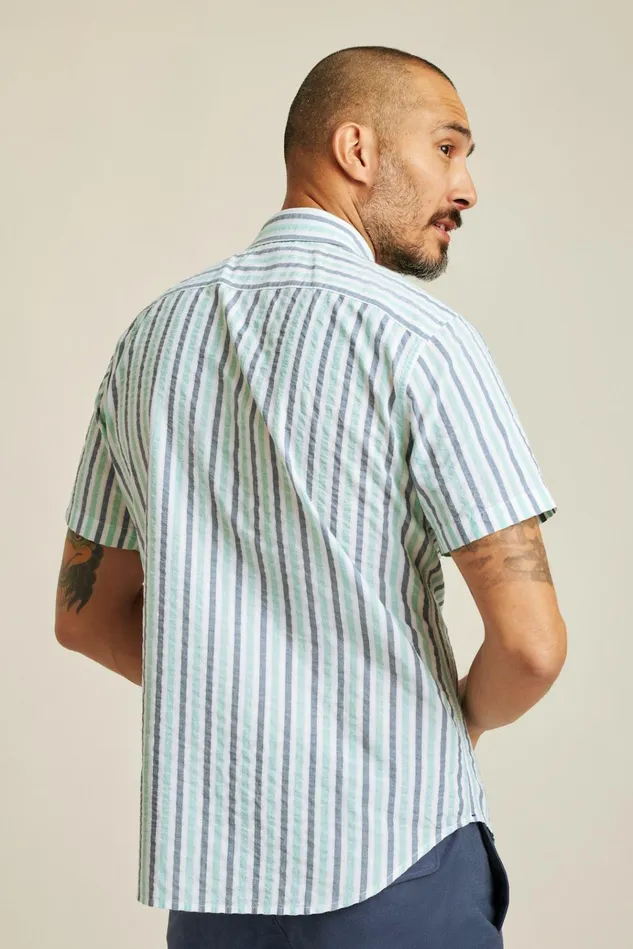 Men Casual Shirts Bonobos Riviera Short Sleeve Shirt Aqua Stripe Seersucker