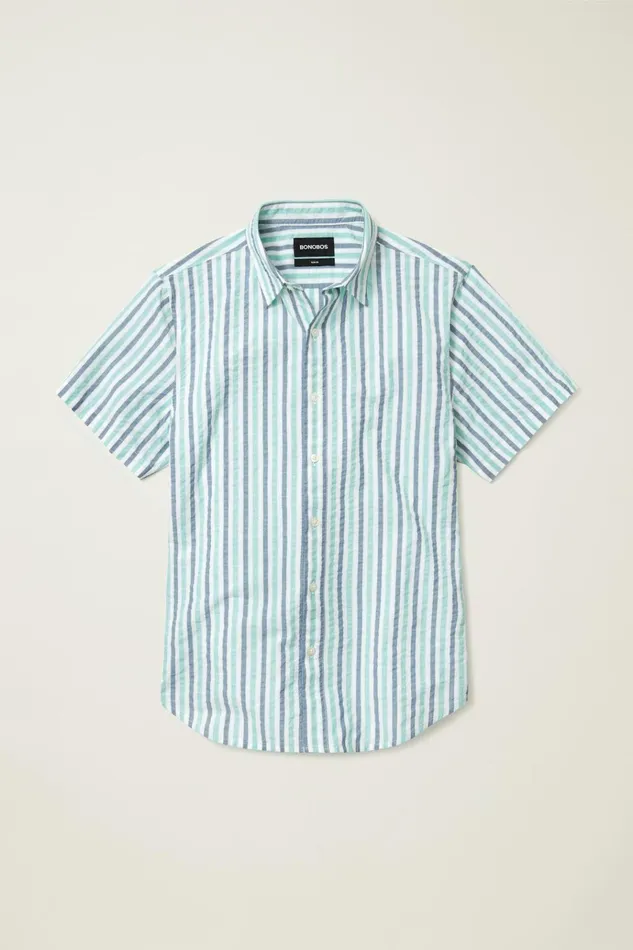 Men Casual Shirts Bonobos Riviera Short Sleeve Shirt Aqua Stripe Seersucker