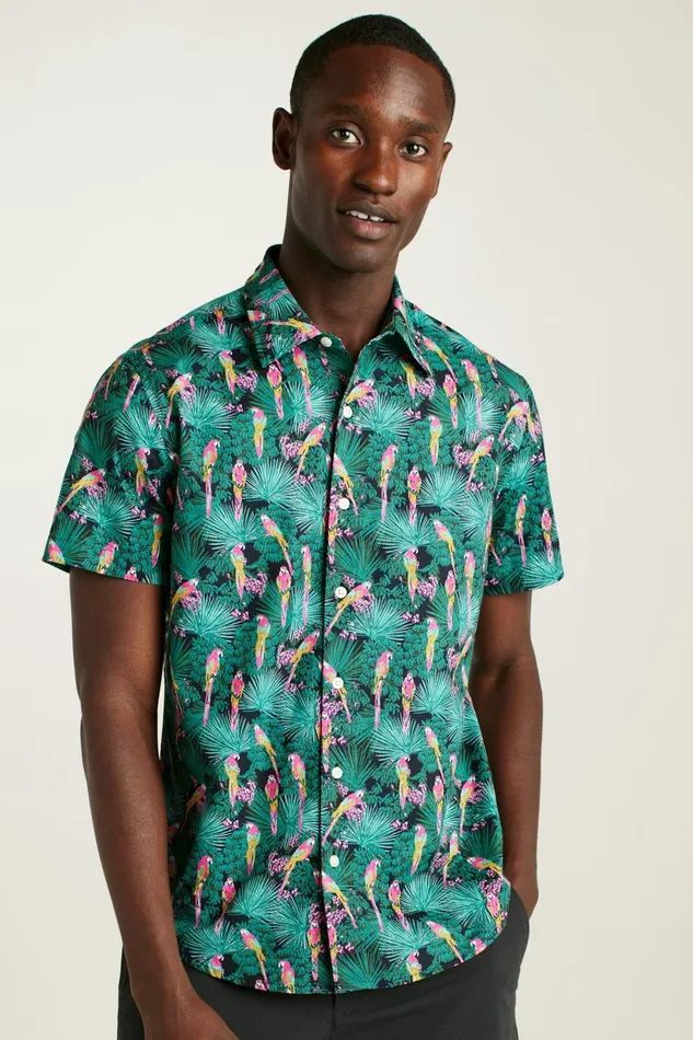 Men Casual Shirts Bonobos Riviera Short Sleeve Shirt Black Parrot Paradise